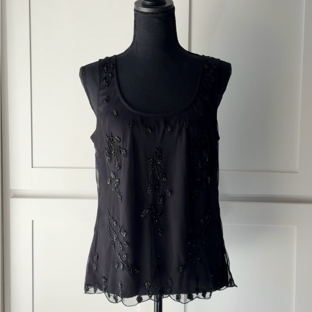 Black Beaded Mesh Flowy Tank Top